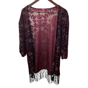 Guess | Deep Red Burnout Velvet Black Fringe Drop Sleeve Kimono | Small
